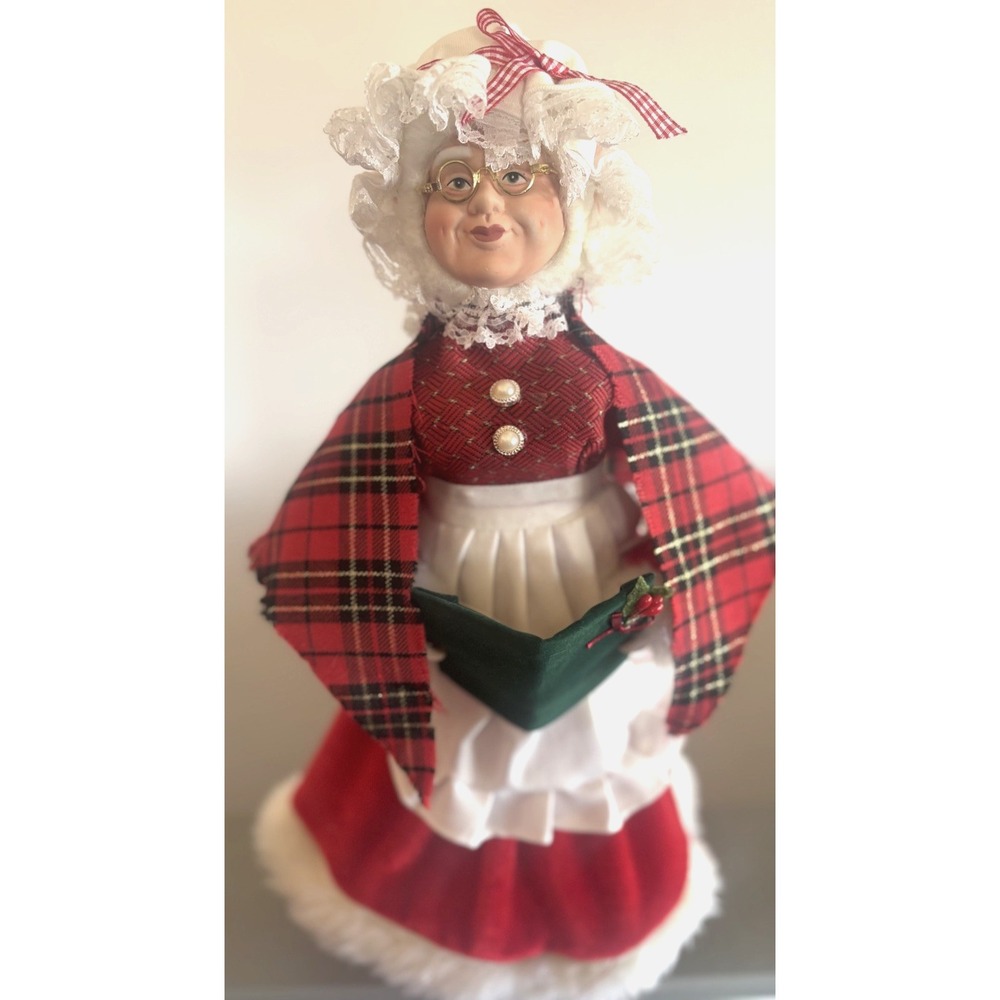 Vtg Porcelain Face Mrs. Santa Claus Doll w Song Book Red Dress Handcrafted 19"